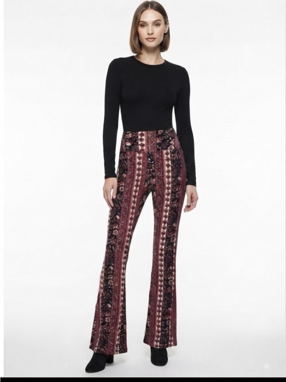 See You Monday Burgundy Floral Striped Flare Pants